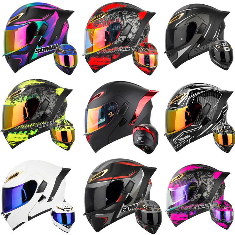 Dual Visor Motorcycle Racing Helmet - SOMAN Integraalhelm Dual Lens Flip Up
